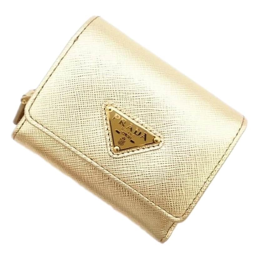 Prada Prada Saffiano Platino Gold Trifold Wallet Card Case with Zipper Coin Pouch Yellow Leather Never worn - Front View