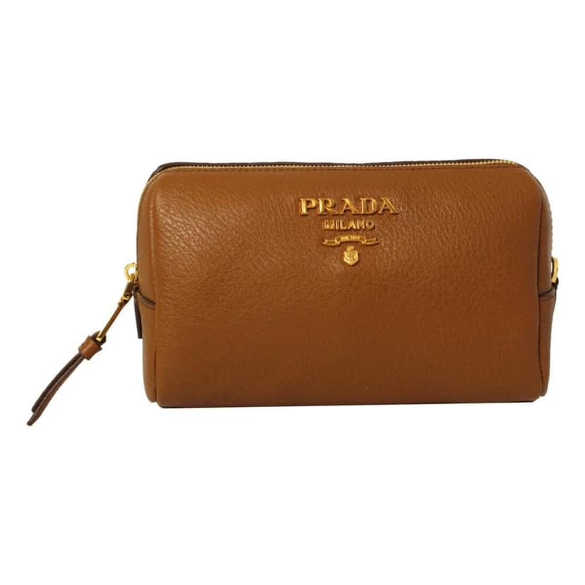 Prada Prada Vitello Daino Cannella Brown Leather Cosmetic Pouch Clutch Bag Brown Leather Good condition - Front View