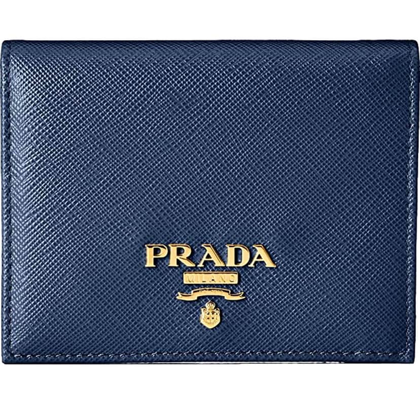 Prada Prada Saffiano Baltico Blue Leather Gold Logo Bifold Snap Wallet Gold Leather Never worn - Front View
