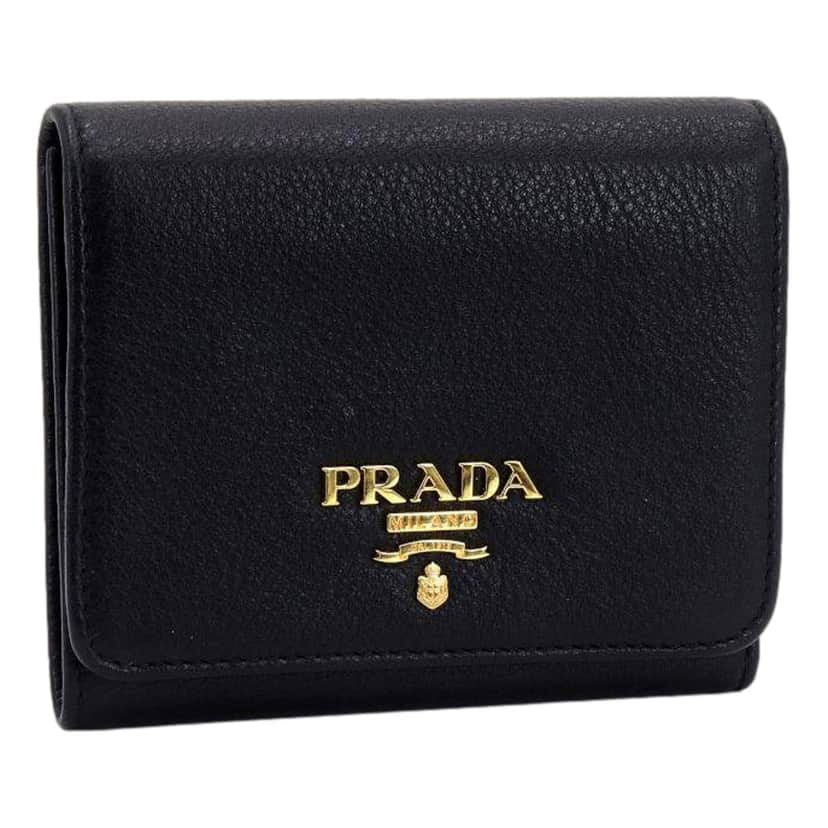 Prada Prada Vitello Grain Black Trifold Compact Wallet Leather Logo Plaque Black Leather Never worn - Front View