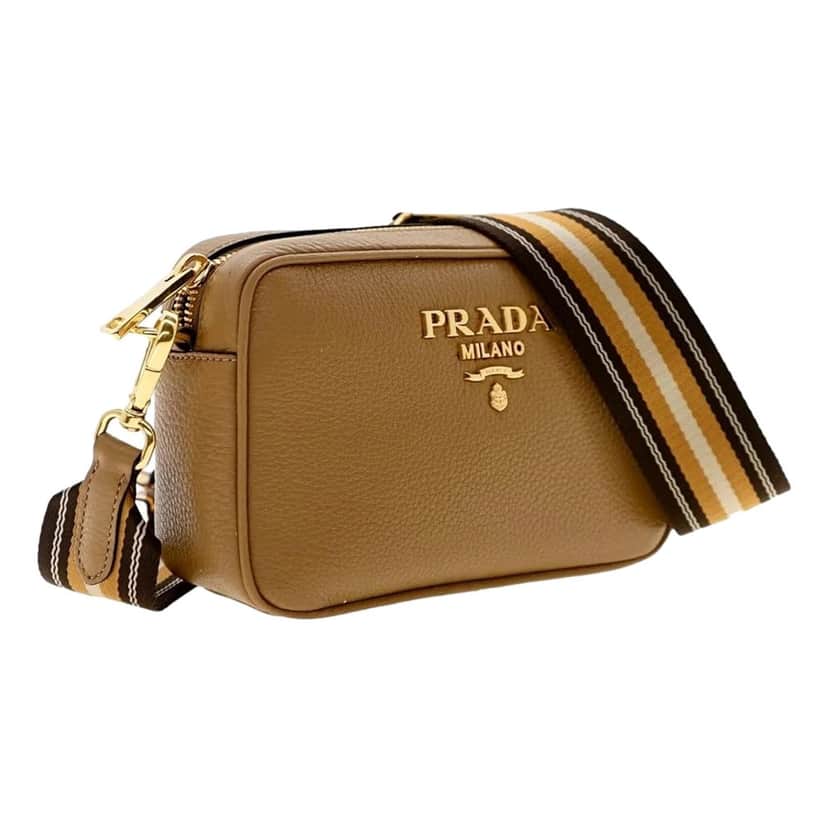 Prada Prada Tan Caramel Pebbled Leather Crossbody Bag Web Stripe Strap Gold Hardware Brown Leather Never worn - Front View
