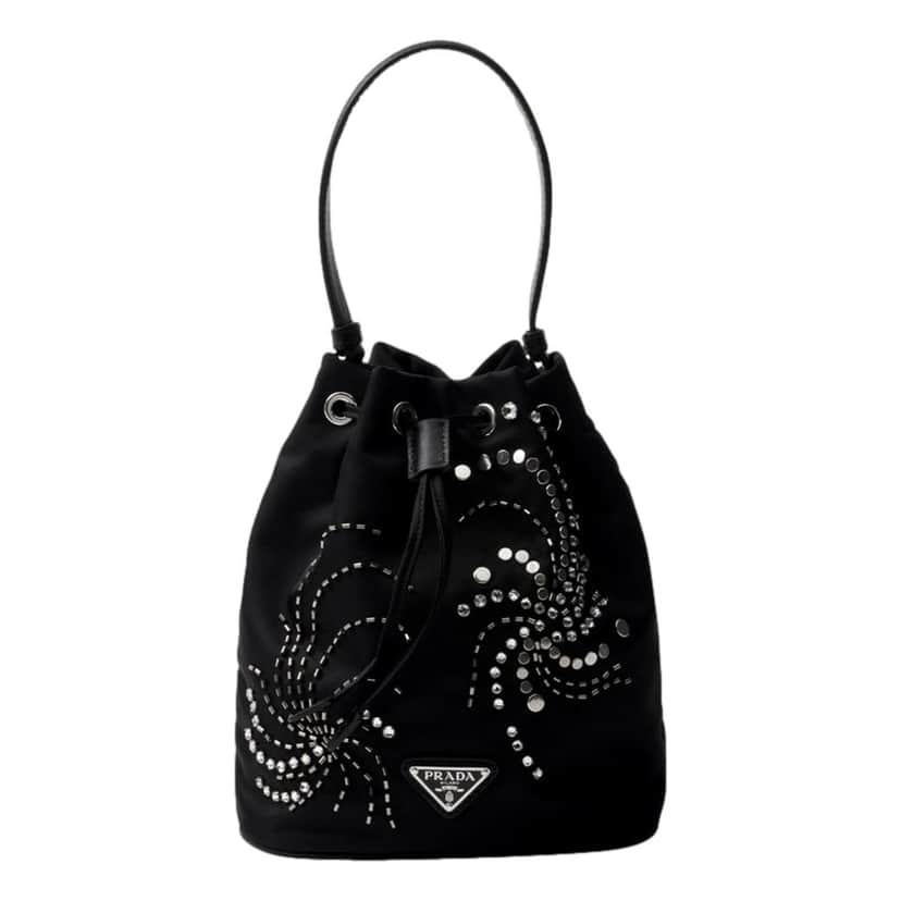 Prada Prada Re-Nylon Mini Drawstring Bucket Bag Black Beaded Embroidered Black Never worn - Front View