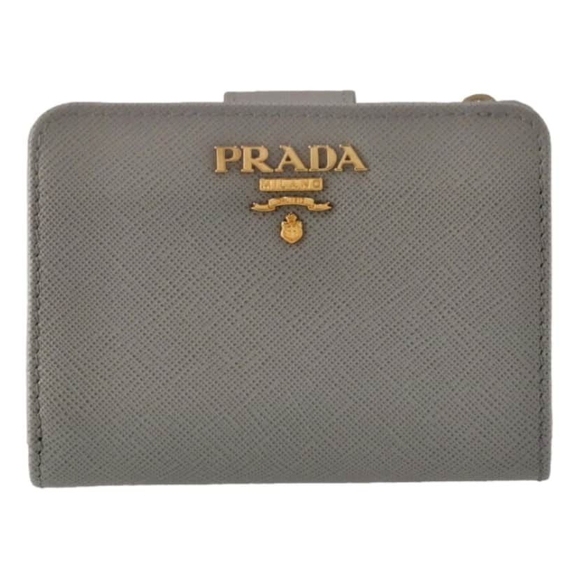 Prada Prada Vitello Grain Argilla Grey Leather Small Wallet with Zipper Gold Plaque Logo Grey Leather Never worn - Front View