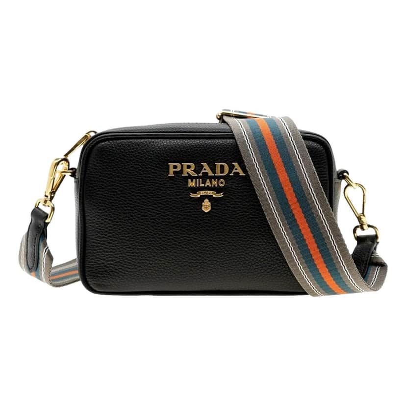Prada Prada Vitello Phenix Leather Crossbody Bag in Black with Gold Hardware and Web Stripe Strap Black Leather Never worn - Front View
