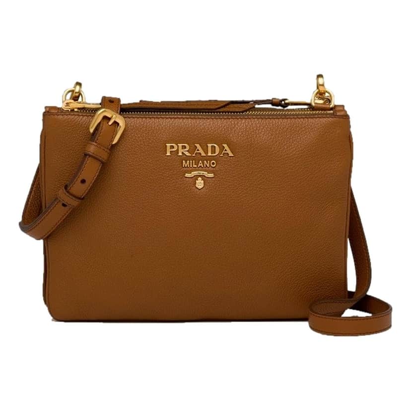 Prada Prada Vitello Phenix Leather Crossbody Bag in Caramel Brown with Gold Hardware Brown Leather Never worn - Front View