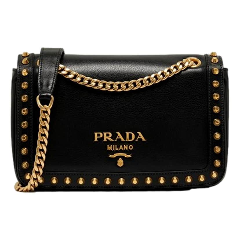 Prada Prada Pattina Black Glace Calf Leather Studded Flap Crossbody Bag Gold Chain Black Leather Never worn - Front View