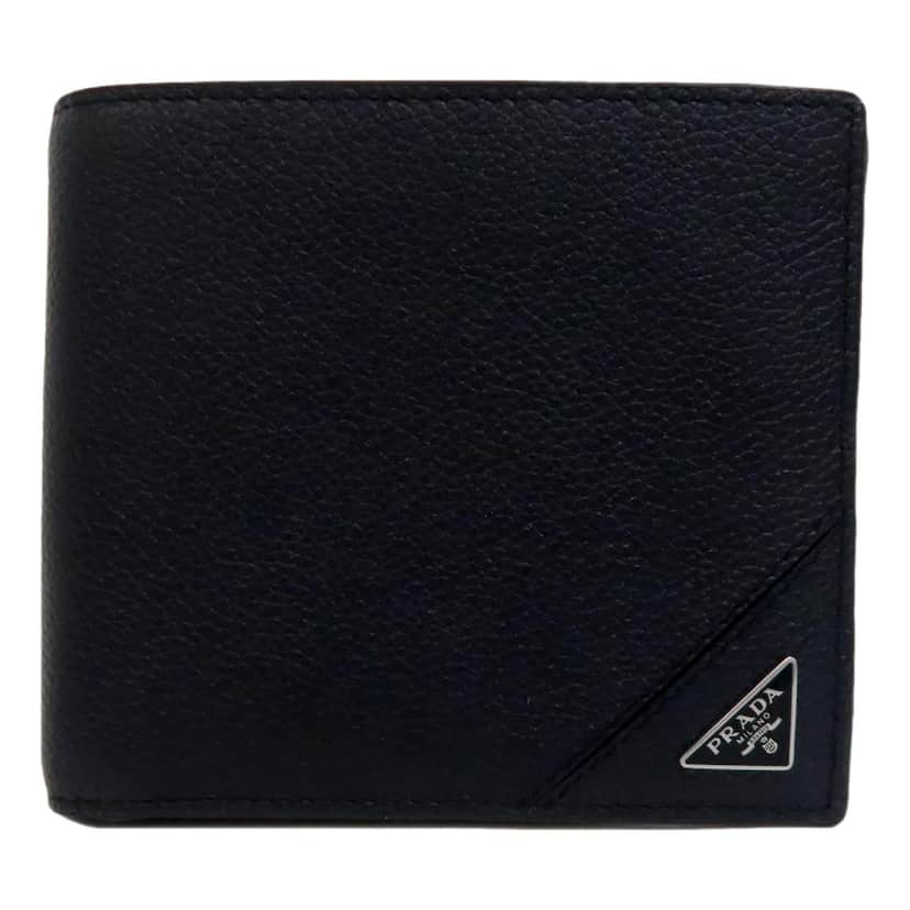 Prada Prada Black Vitello Micro Grain Leather Bifold Wallet Triangle Enamel Logo Black Leather Never worn - Front View