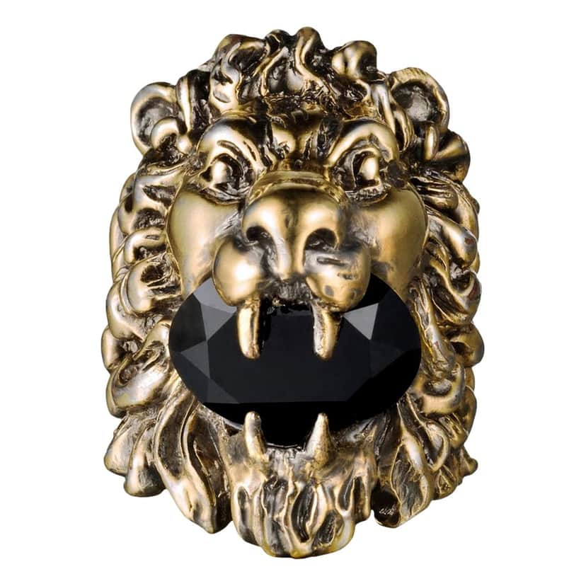 Gucci Gucci Lion Head King Ring With Crystal Aged Gold and Black 16 Yellow Never worn - Front View