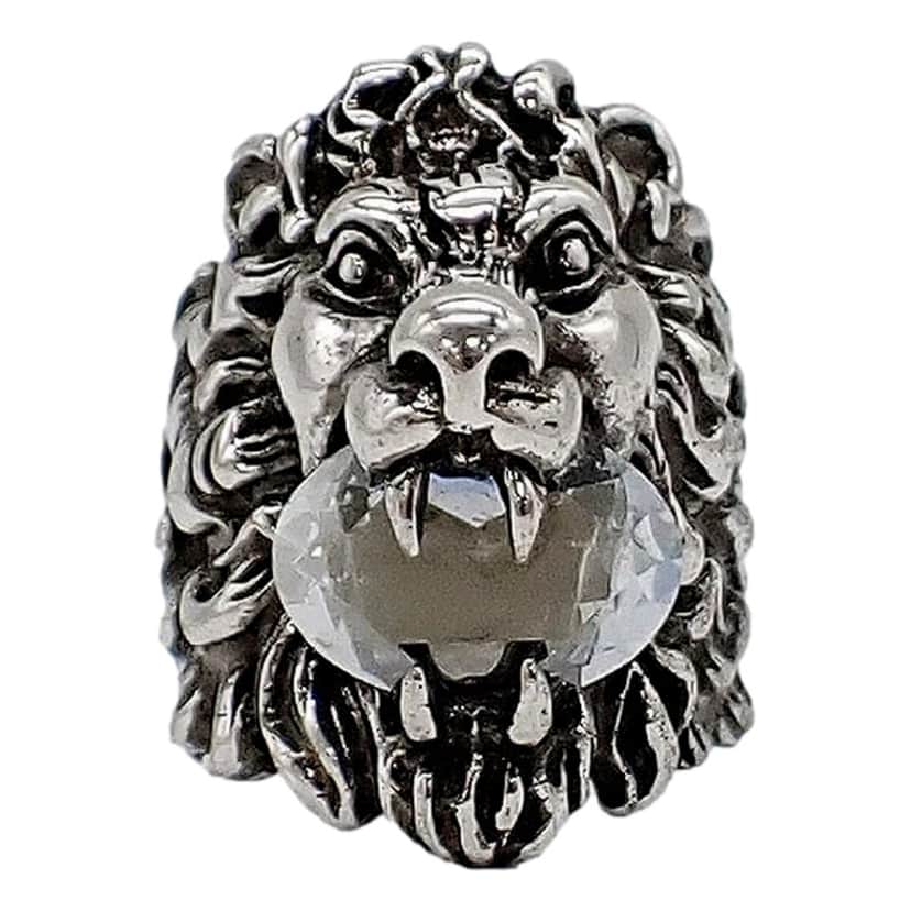 Gucci Gucci Lion Head Motif Silver Ring Crystal Size 13 Silver Satin Never worn - Front View
