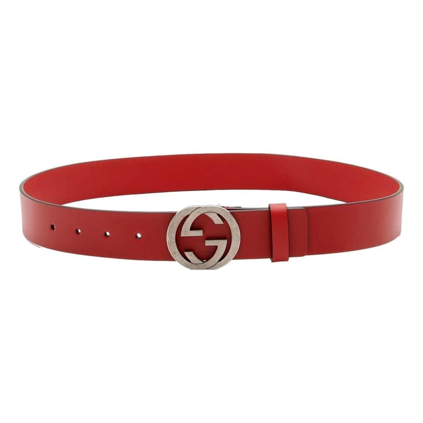 Gucci Gucci Interlocking Leather GG Buckle Antiqued Silver Tone Belt Rosso Red 95/38 Red Leather Never worn - Front View
