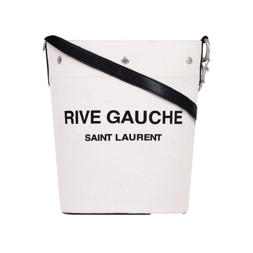 Saint Laurent Saint Laurent Rive Gauche Black Leather Trim Linen Bucket Bag White Canvas Never worn - Front View