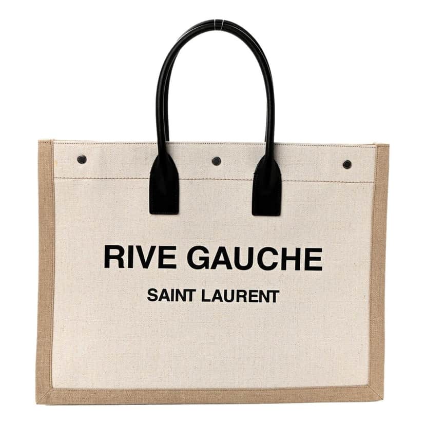 Saint Laurent Saint Laurent Rive Gauche Large Tote in Natural Beige Canvas with Black Top Handles Brown Leather Never worn - Front View