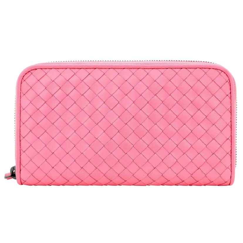 Bottega Veneta Bottega Veneta Intrecciato Zipper French Calf Leather Wallet Pink Pink Leather Never worn - Front View