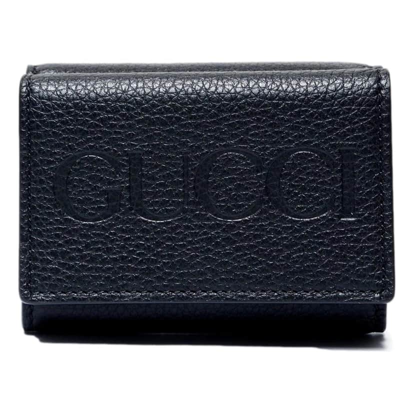 Gucci Gucci Embossed Logo Mini Tri-Fold Wallet Black Yellow Pebbled Leather Black Leather Never worn - Front View