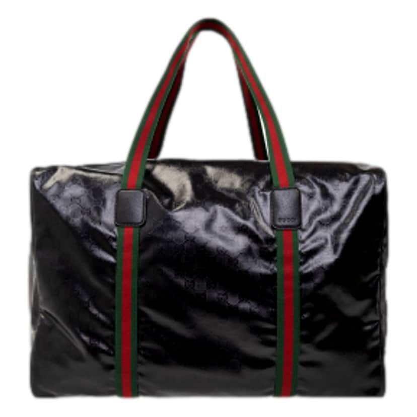 Gucci Gucci Duffle Maxi GG Black Glossy Fabric Duffel Bag Leather Trim Black Leather Never worn - Front View