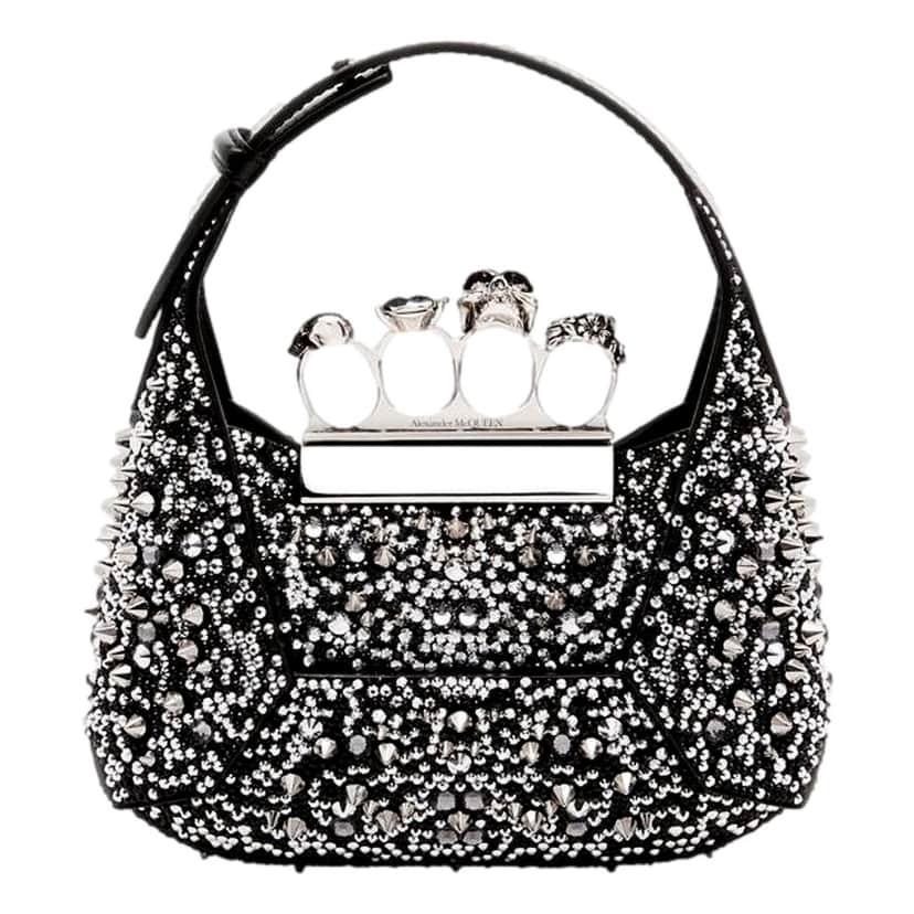 Alexander McQueen Alexander McQueen Crystal Jewelled Hobo Bag Black Skull Knuckle Handle Black Leather Never worn - Front View