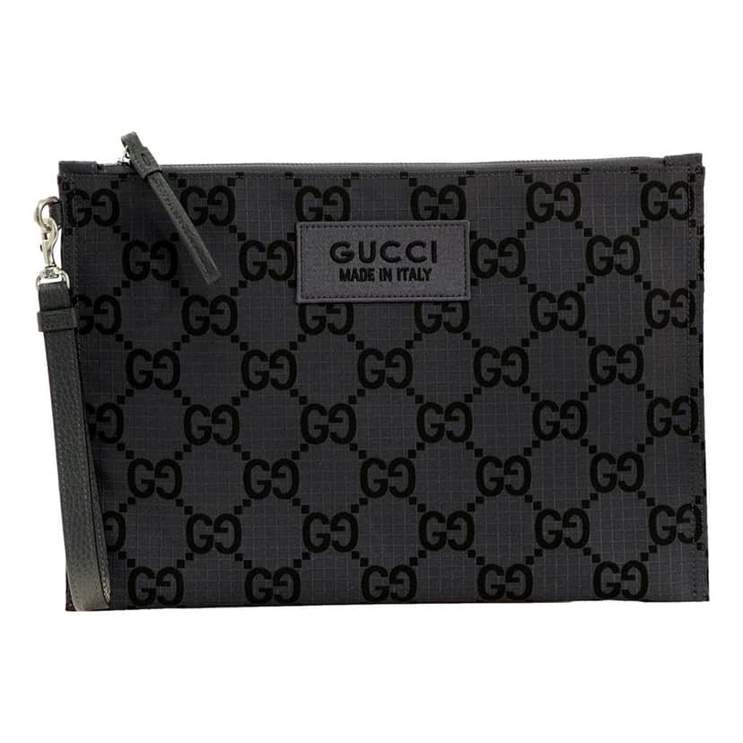 Gucci Gucci Ripstop Canvas Jumbo GG Large Clutch Wristlet Gray Black Black Leather Never worn - Front View