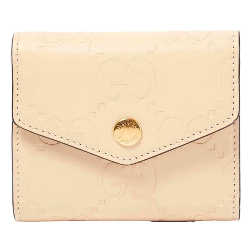 Gucci Gucci Gilbert GG Embossed Calf Leather Beige Trifold Wallet Gold Logo White Leather Never worn - Front View