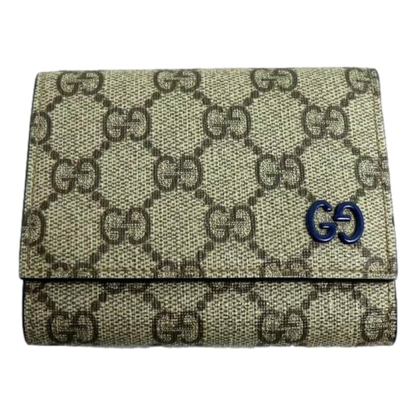 Gucci Gucci GG Supreme Coated Canvas Blue Emblem Trifold Double Flap Wallet Brown Leather Never worn - Front View