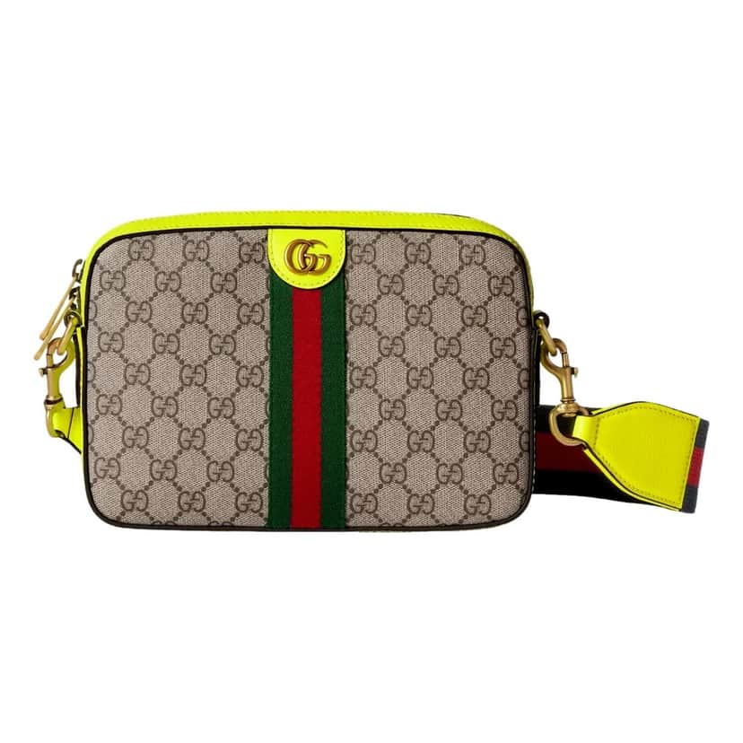 Gucci Gucci GG Supreme Canvas Ophidia Small Crossbody Web Stripe Neon Yellow Brown Leather Never worn - Front View