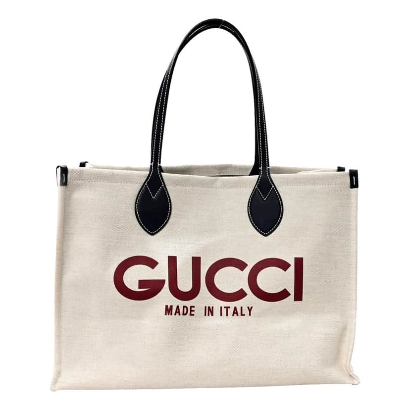 Gucci Gucci Logo Print Large Tote Bag Beige GG Supreme Canvas Brown Leather Never worn - Front View