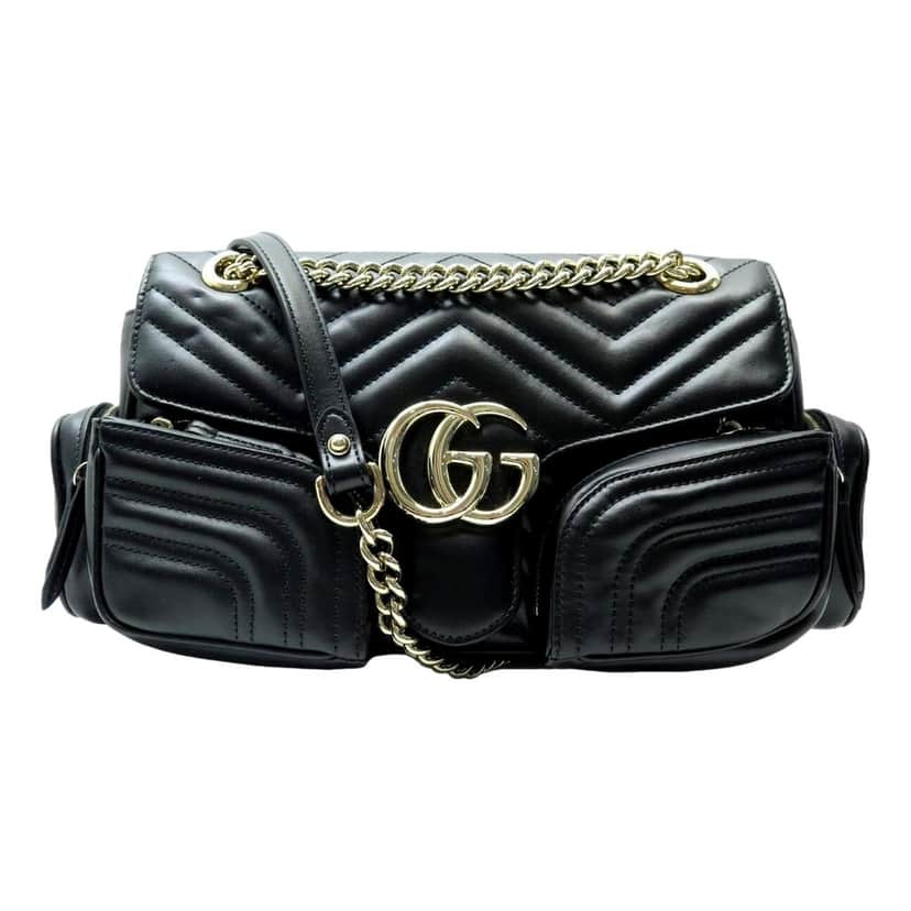 Gucci Gucci GG Marmont Dual Compartment Black Leather Shoulder Bag Gold Logo Black Leather Never worn - Front View