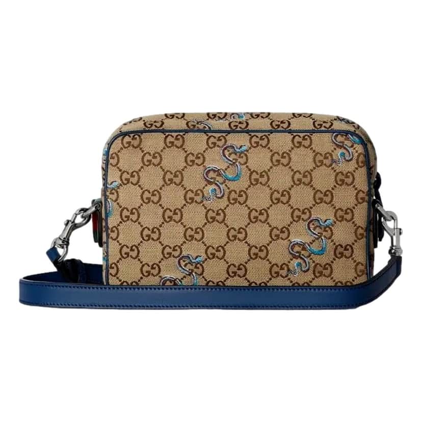 Gucci Gucci Snake Embroidered Beige Canvas Blue Trim Crossbody Bag Blue Leather Never worn - Front View