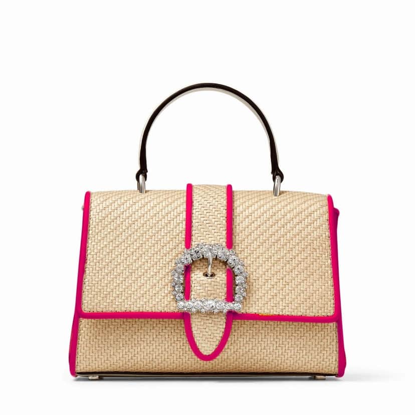 Jimmy Choo Jimmy Choo Cheri Crystal Medium Top Handle Bag Raffia Pink Leather Trim Pink Leather Never worn - Front View