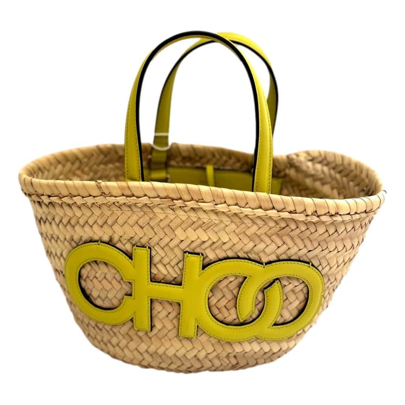 Jimmy Choo Jimmy Choo Logo Crossbody Tote Bag Natural Raffia Citron Yellow Trim Yellow Leather Never worn - Front View
