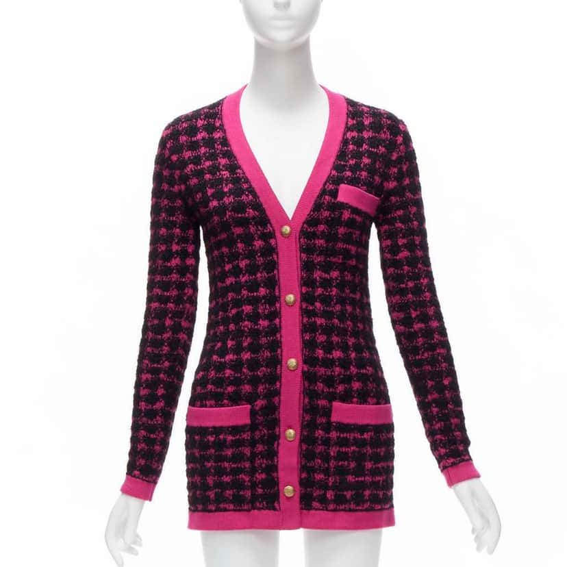 Saint Laurent Houndstooth Cardigan Pink Wool Never worn - Front View