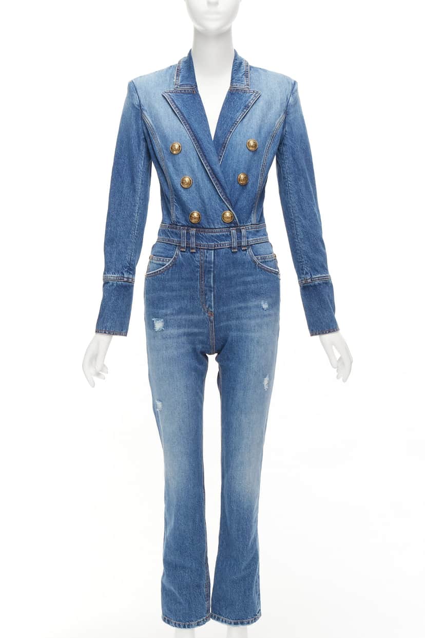 Balmain Distressed Denim Jumpsuit Blue Polyester Never worn - Front View