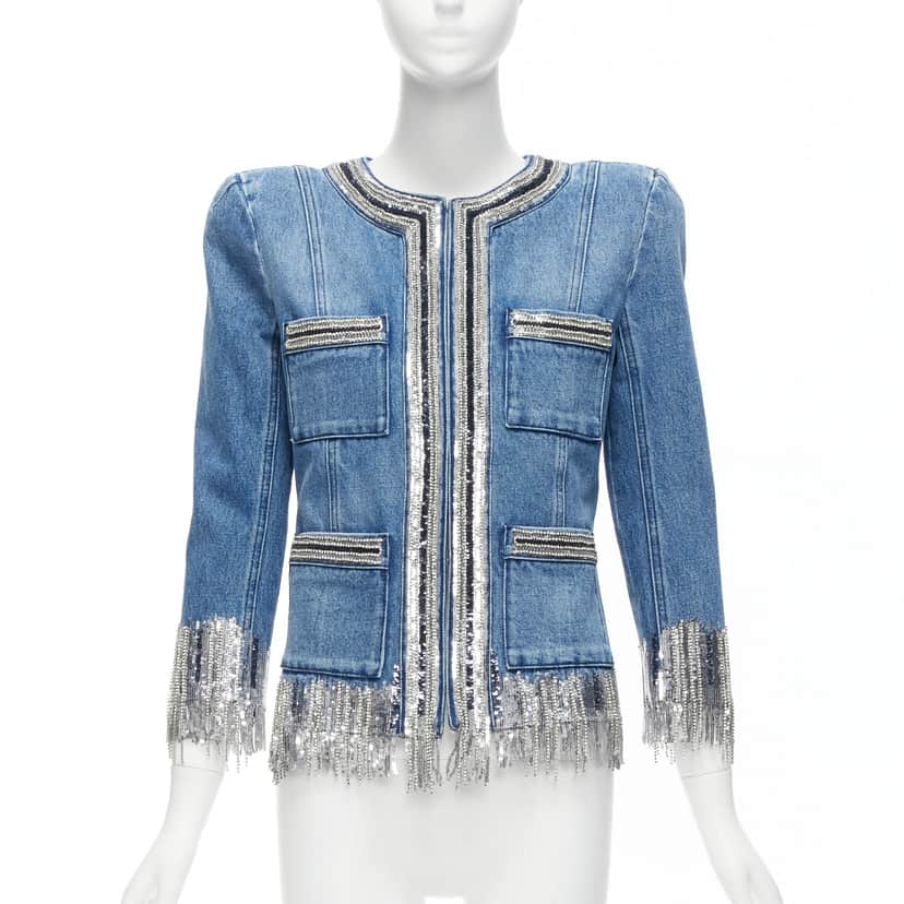 Balmain Blue Denim Crystal Jacket Blue Never worn - Front View