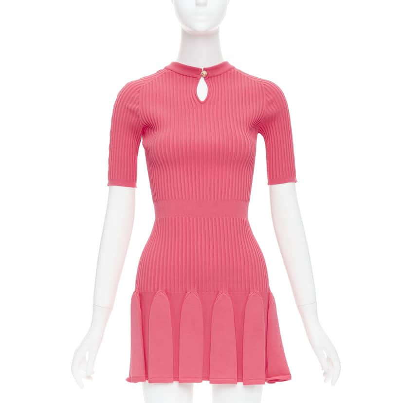 Balmain Ribbed Flutter Dress Pink Viscose Never worn - Front View