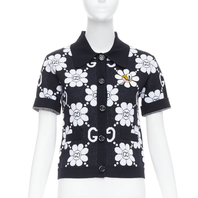 Gucci Daisy Polo Cardigan Black Cotton Never worn - Front View