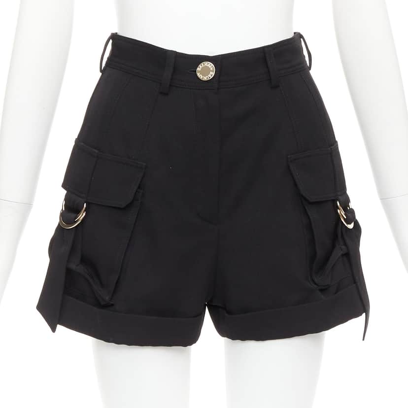 Balmain Gold Button Shorts Black Wool Very good condition - Front View