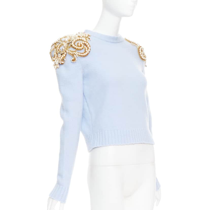Balmain Pearl Embellished Sweater Blue Wool Very good condition - Front View