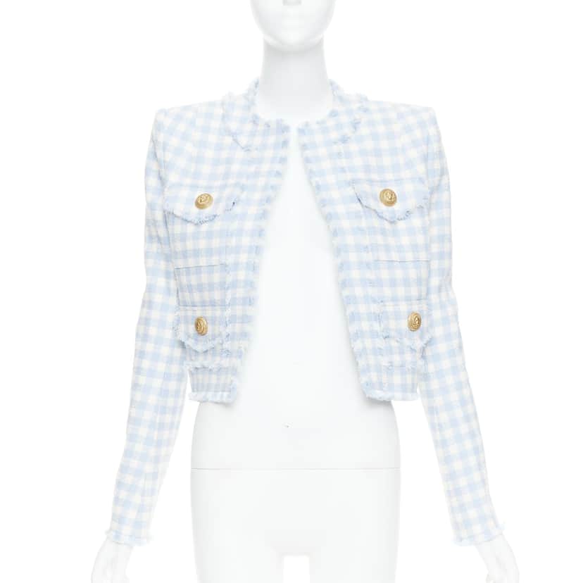 Balmain Plaid Cropped Jacket White Cotton Very good condition - Front View
