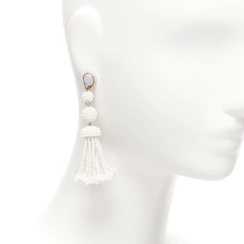 Celine Beaded Tassel Earrings White Plastic Never worn - Front View