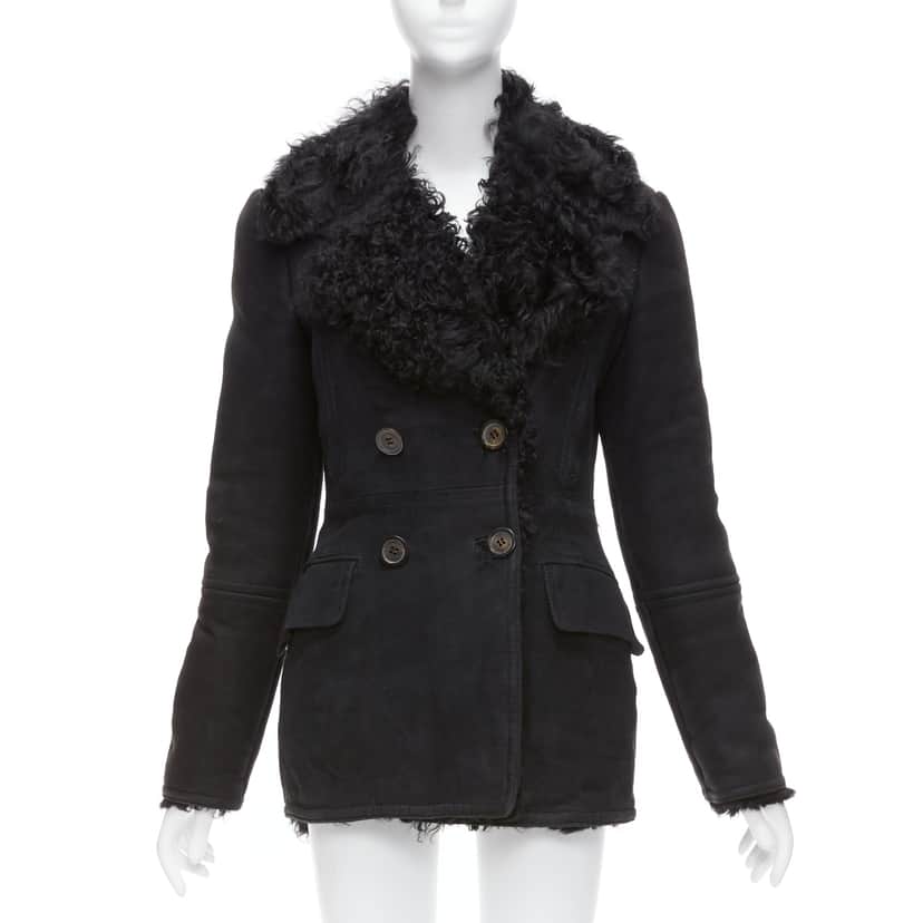 Gucci Black Shearling Wool Coat Black Suede Fair condition - Front View