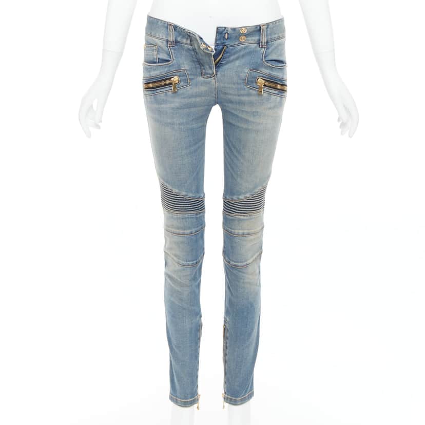 Balmain Ribbed Moto Jeans Blue Good condition - Front View