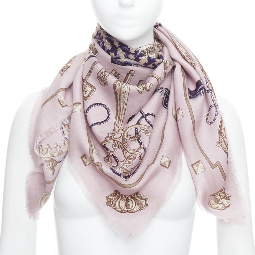 Hermès Keys Tassels Scarf Purple Cashmere Never worn - Front View