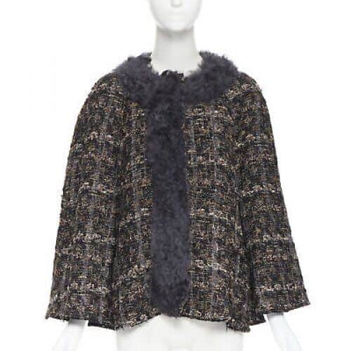 Dolce & Gabbana Tweed Shearling Poncho Brown Wool Never worn - Front View