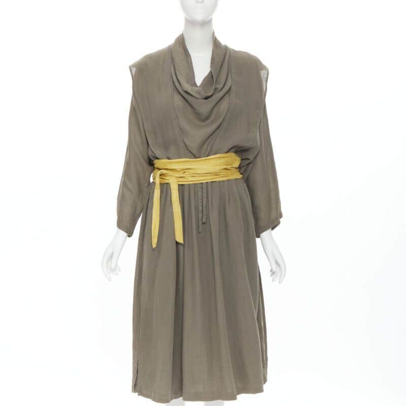 Issey Miyake Obi Belt Dress Beige Linen Never worn - Front View