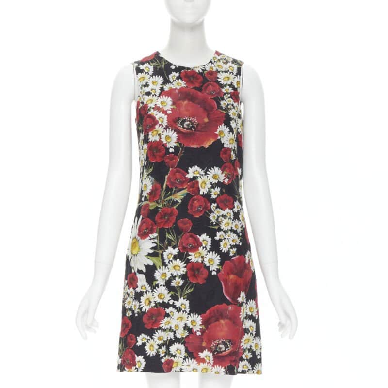 Dolce & Gabbana Poppy Daisy Dress Black Cotton Never worn - Front View