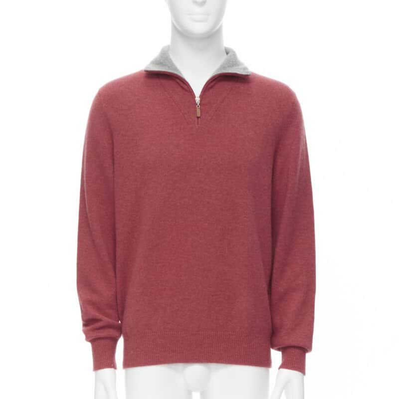 Brunello Cucinelli Half Zip Pullover Red Cashmere Never worn - Front View