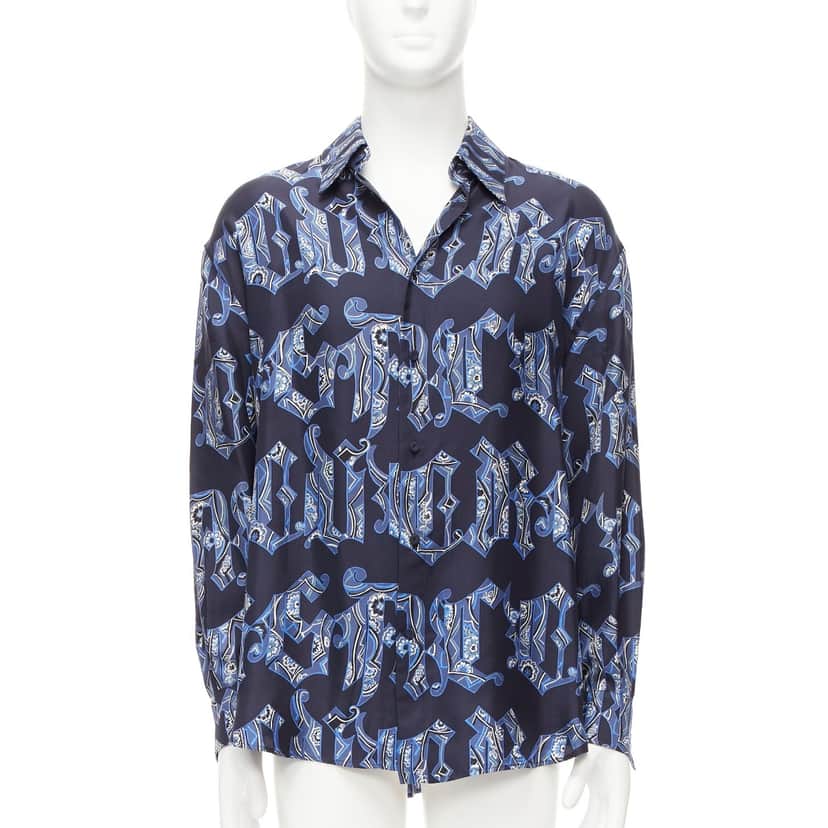 Gianni Versace Gothic Logo Shirt Blue Silk Good condition - Front View