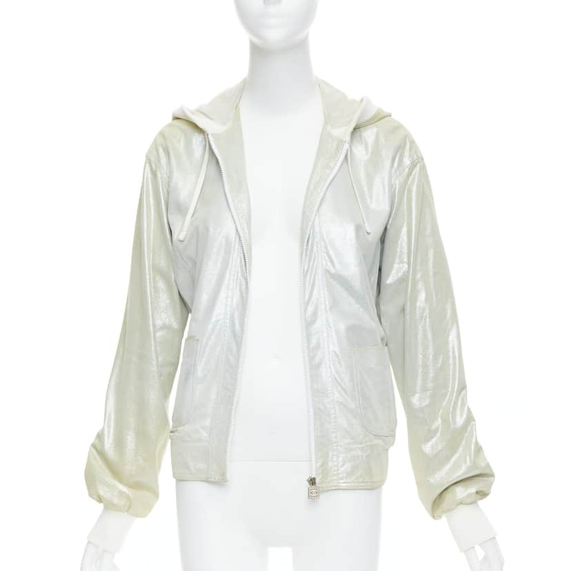 Chanel Metallic Rib Hood Jacket Silver Leather Fair condition - Front View