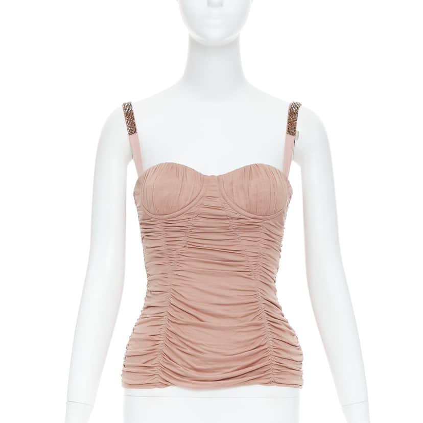 Dolce & Gabbana Crystal Ruched Bustier Beige Silk Very good condition - Front View