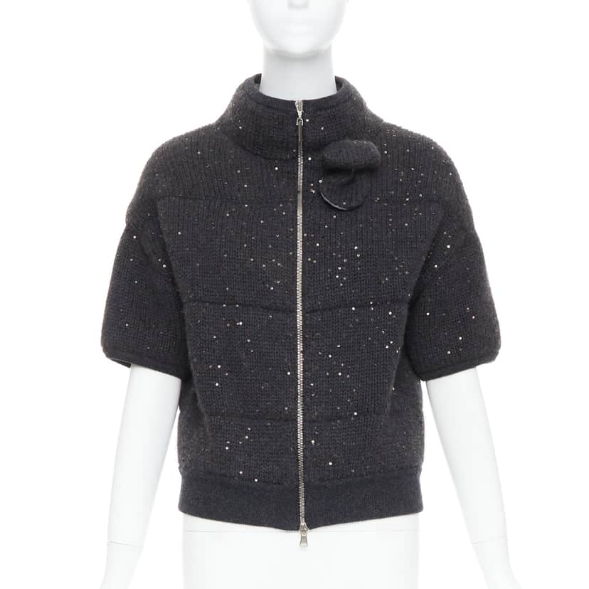 Brunello Cucinelli Sequin Padded Cardigan Grey Cashmere Very good condition - Front View