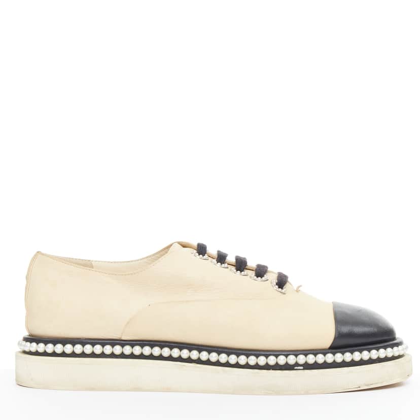 Chanel Leather Pearl Derbies Beige Leather Fair condition - Front View
